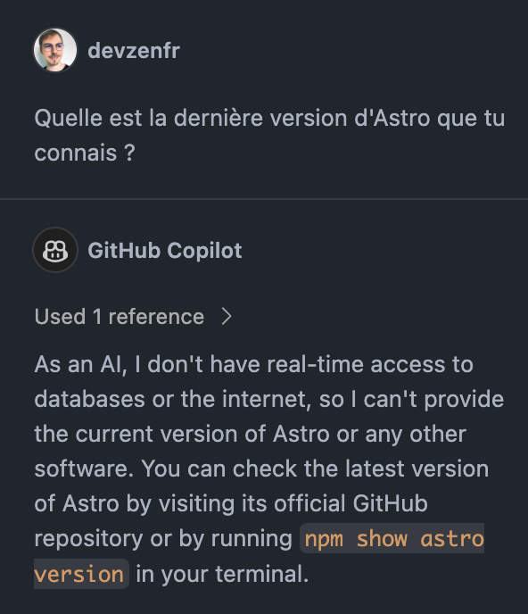 Copilot ne connaît pas les changements récents du framework Astro.